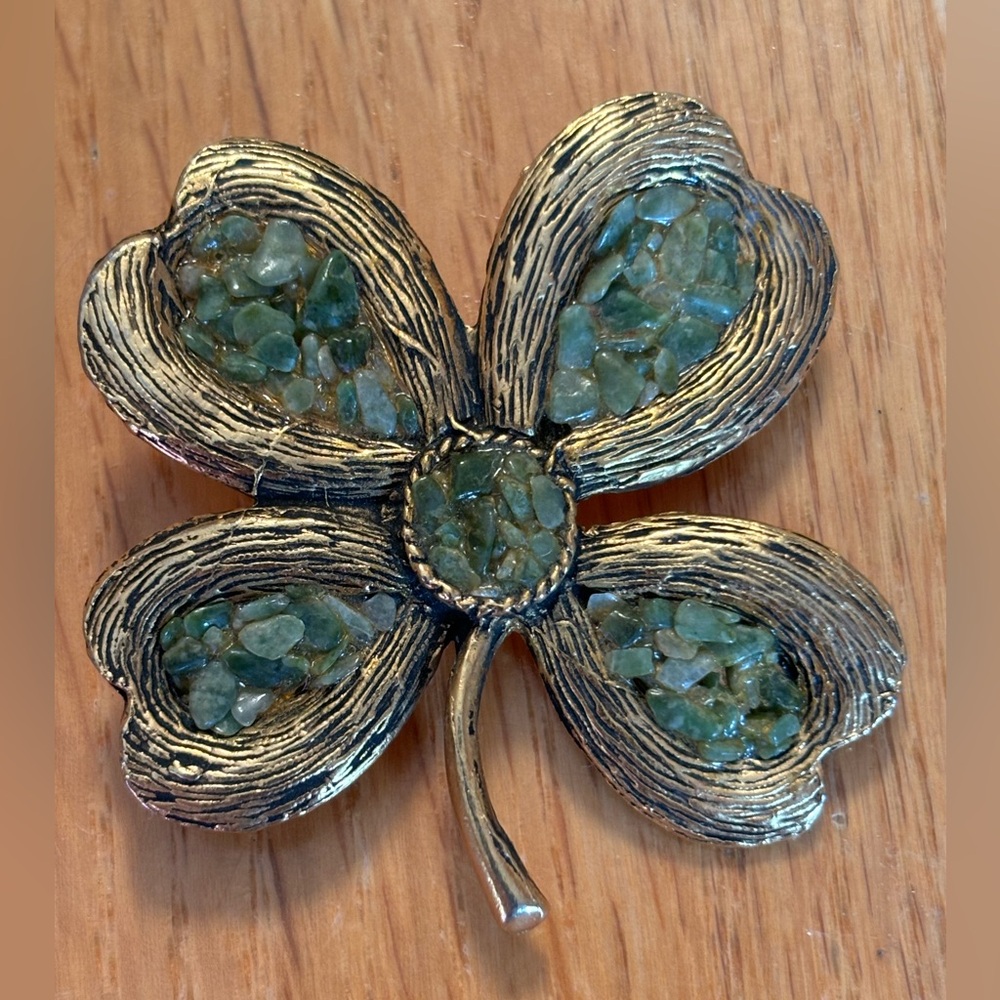 Gold and Green Four-Leaf Clover Brooch